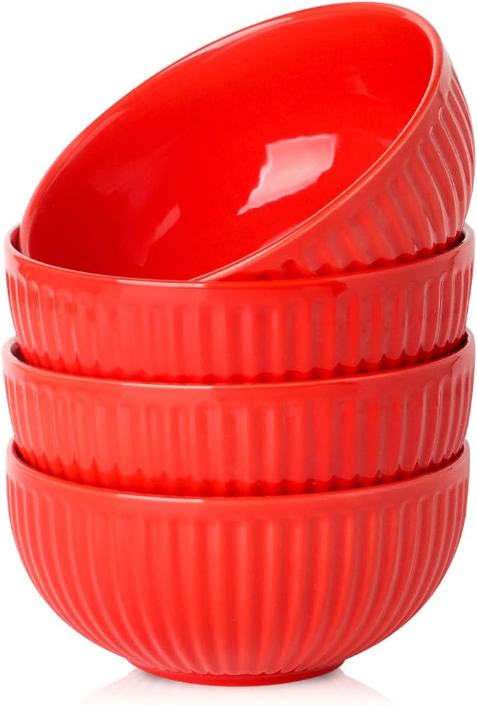 Hasense Large Ceramic Serving Bowls 42 Oz - 7 Inch Salad Bowl Set of 4 for Kitchen,Modern Ribbed Porcelain Dishes for Entertaining,Soup,Pho,Pasta,Cereal, Noodle - Dishwasher & Microwave Safe, Red