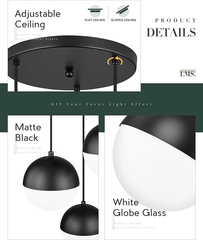 LMS Mid Century 3-Light Cluster Pendant Lights, Matte Black Kitchen Island Light Fixtures with White Globe Glass Shade, Adjustable Hanging Light for Home Office Bathroom Dining Room, LMS-186BK3
