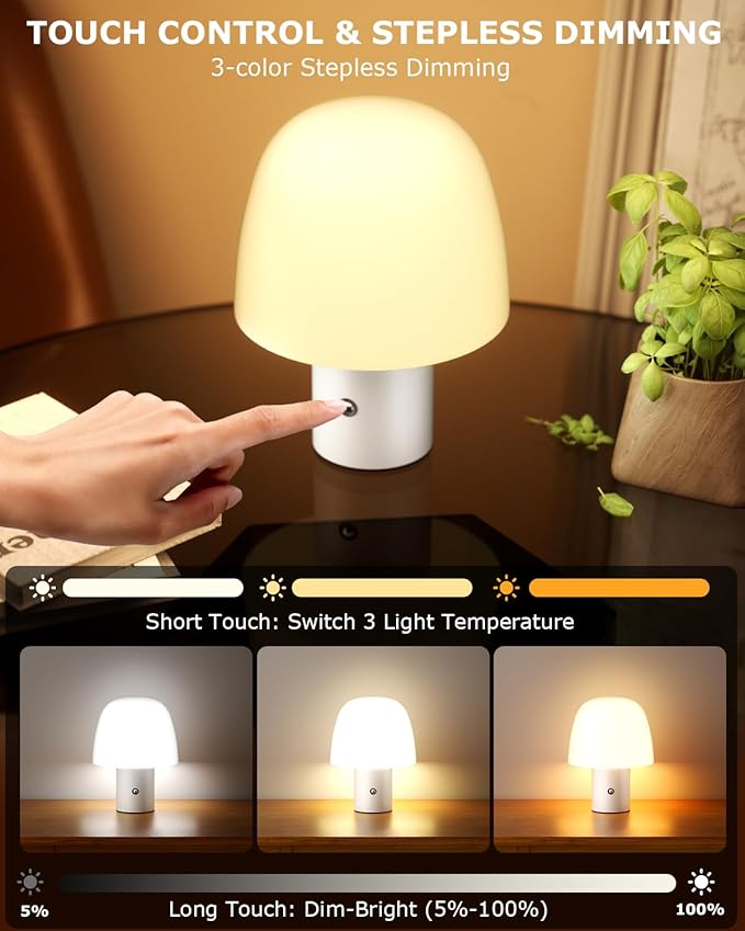 Portable LED Table Lamp, Cordless Desk Lamp Rechargeable, 3-Color Touch Stepless Dimming Night Light for Bedroom/Children's Room/Terrace/Dining Room/Cafe (White)