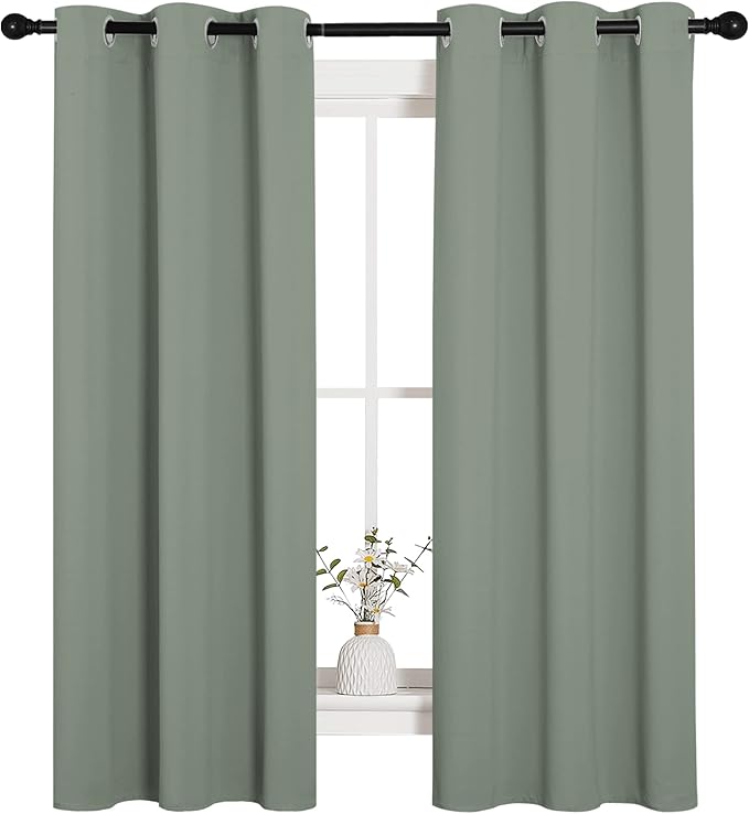 NICETOWN Bedroom Curtain Panels Blackout Draperies, Thermal Insulated Solid Grommet Blackout Curtains/Drapes (1 Pair, 34 by 63 inches, Greyish Green)