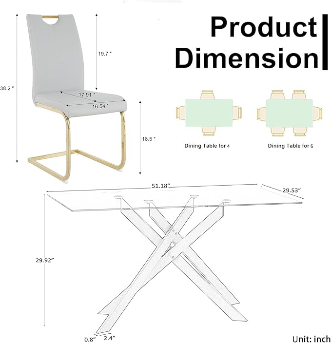 Goujxcy Gold Dining Table Set for 4, Glass Kitchen Table with Chair Set, Modern 51" Rectangle Glass Dining Table and 4 Grey PU Leather Chairs with Metal Frame for Kitchen Dining Room