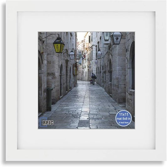 RPJC 11x11 inch Picture Frame Made of Solid Wood and High Definition Glass Display Pictures 8x8 with Mat or 11x11 Without Mat for Wall Mounting Photo Frame White