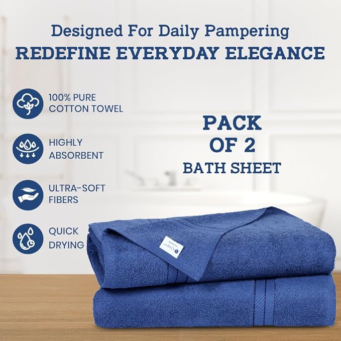 Casa Lino Bath Sheets Set Extra Large - 100% Cotton Extra Large Bath Towels - Highly Absorbent & Quick Dry Oversized Towels for Adults - 60" x 30" - Pack of 2 - (Cobalt Blue)