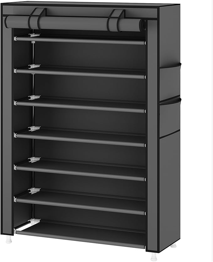 Laiensia 7-Tier Vertical Shoe Rack Organizer, Space Saving Shoe Storage Organizer, Non-Woven Cover Shoe Shelf Holds 28-35 Pairs for Bedroom, Hallway, Closet Entryway, Grey