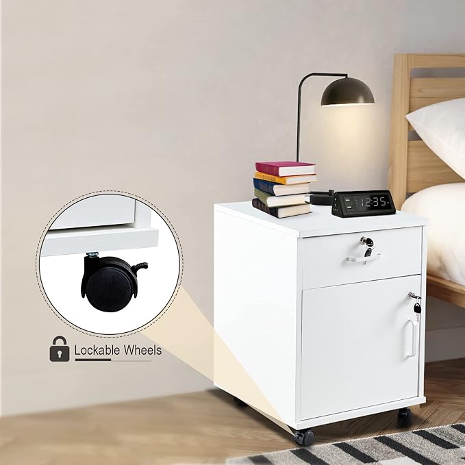 Mobile File Cabinet with Lockable Drawer & Door, Under Desk Storage Cabinet with 360°Swivel Wheels, Wooden Stationery Storage Cabinet for Legal/Letter/ A4 Documents (White)
