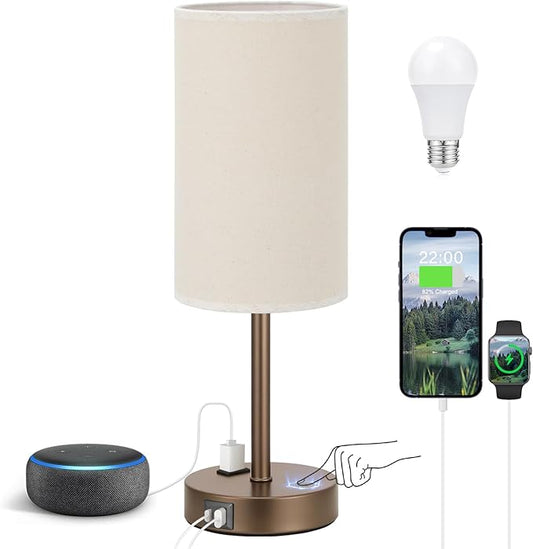 Touch Table Lamp - Beige, 3-Way Dimmable, USB A + C Charging, AC Outlet, 17.4inch Medium, Brown Metal Base