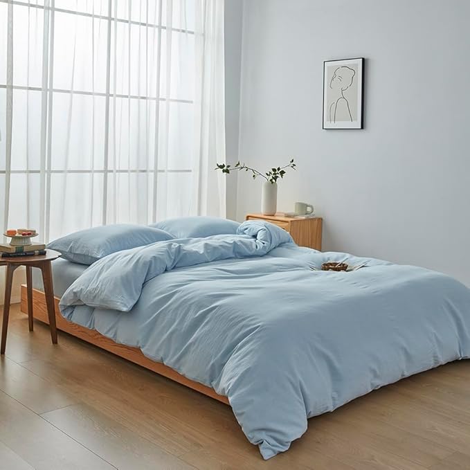 FACE TWO FACE Bedding Duvet Cover Set100% Washed Cotton Duvet Cover Linen Like Textured Breathable Durable Soft Comfy (California King,Light Cyan)