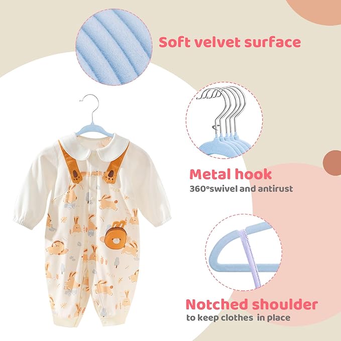 ManGotree 11" Baby Velvet Hangers, Non-Slip Infant Coat Hangers, Ultra-Thin Toddler Felt Hanger with 360° Swivel Hook, Space Saving Children's Hanger for Kids Clothes, 48 Pack (Blue)