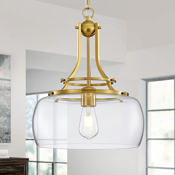 WUZUPS Chandelier Rustic Farmhouse Industrial Round Ceiling Pendant LED Light Fixture with Clear Glass Shades for Dining Room Kitchen Island Foyer Entryway, H 17" x W 13.4", E26 Base, Brushed Gold