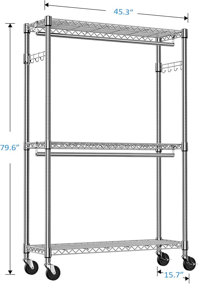 IZEUK Heavy Duty Garment Rack on Wheels, Rolling Closet Rack for Hanging Clothes with 2 Clothes Rods, 3 Tiers & Side Hooks, Freestanding Adjustable Metal Wardrobe,15.7" D x 45.3" W x 79.6" H, Chrome