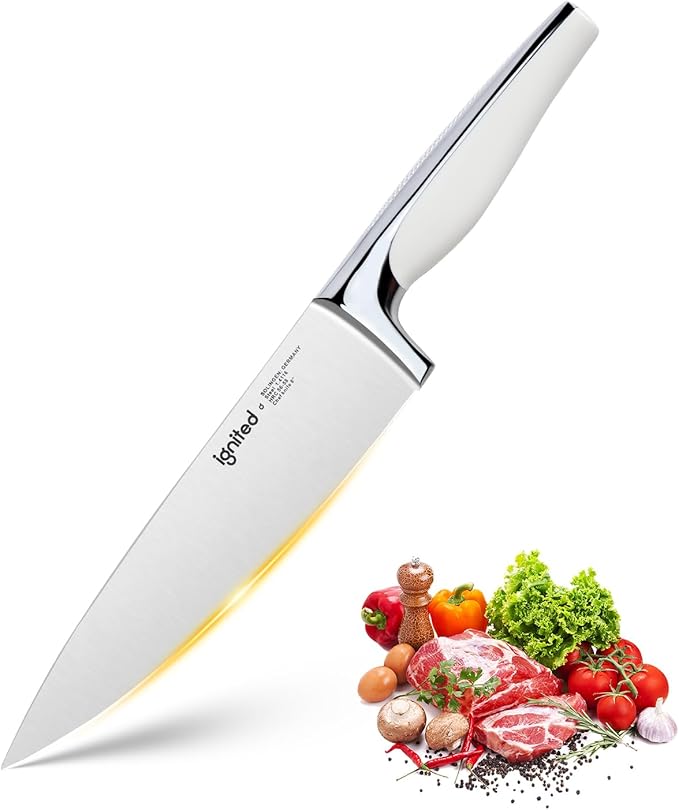 8 inch Mirror Polished Chef Knife, German 1.4116 High Carbon Stainless Steel Chefs Knife with White ABS & Stainless Steel Handle, Razor Sharp Kitchen Knife for Home & Restaurant