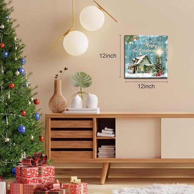 Christmas Tree Wall Art Decor Romantic Winter Snow Home Canvas Prints Poster Xmas Tree Painting Merry Christmas Sign for Home Garden Living Room Bedroom Bathroom Holiday Decoration Gifts 12x12inch