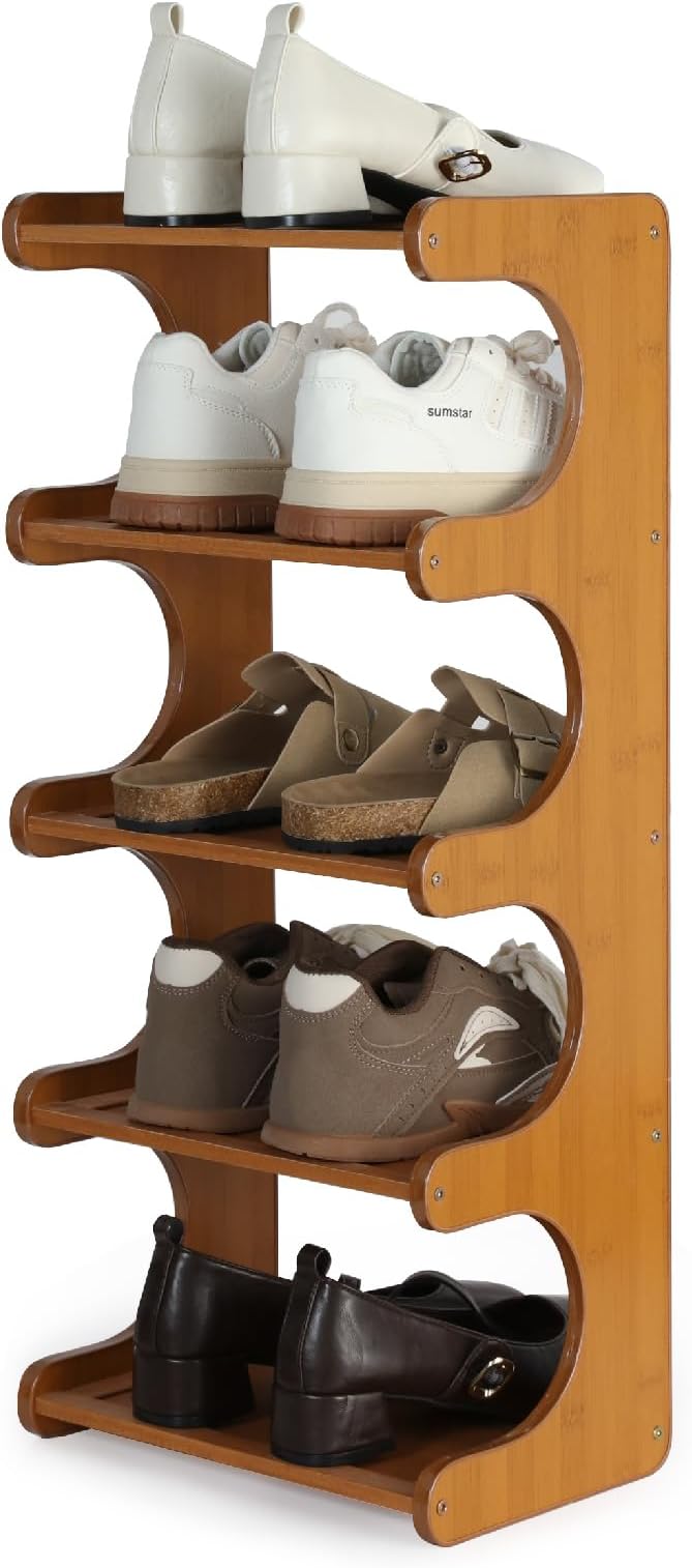 Multi-Tier Bamboo Shoe Rack, 30cm Narrow Standing Shoe Organizer for Closet Entrance, Space Saving Shoe Shelf, Sturdy Shoe Stand for Men and Women(5 Layers)