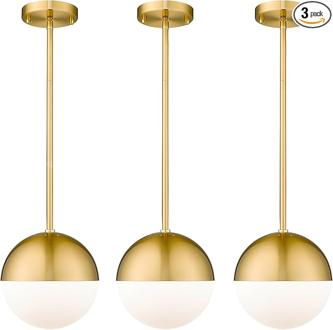 LMS 8 Inch Mid Century Pendant Lights, Brushed Gold Kitchen Island Light Fixtures with White Globe Glass Shade, Adjustable Hanging Rod, 3-Pack for Home Office Dining Room Bathroom, LMS-186BG3PK