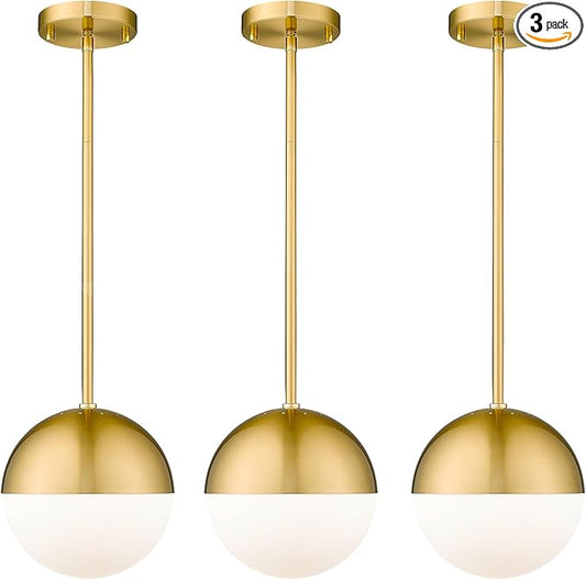 LMS 8 Inch Mid Century Pendant Lights, Brushed Gold Kitchen Island Light Fixtures with White Globe Glass Shade, Adjustable Hanging Rod, 3-Pack for Home Office Dining Room Bathroom, LMS-186BG3PK