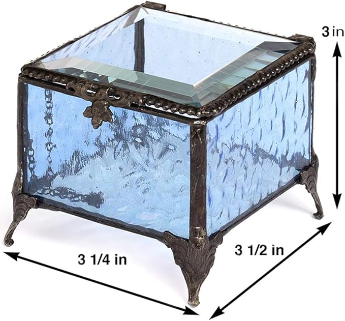Personalized Blue Glass Box Decorative Vanity Display Case Storage Jewelry Organizer Keepsake Gift for Her Girl Women Vintage Decor J Devlin Ellen Box 837 EB245