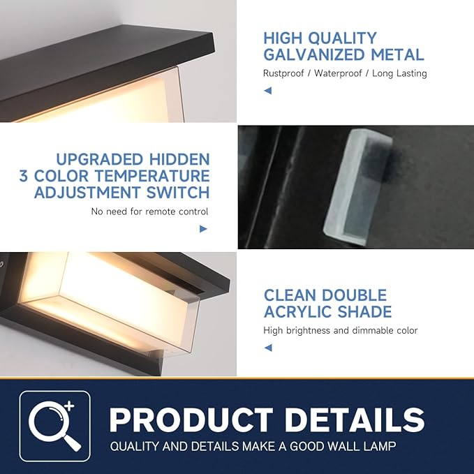 Outdoor Porch Light 24W Outdoor Wall Sconce Lights 3 Color 3000K/4000K/6500K Outdoor Light Fixture 2100LM IP65 Waterproof for House Garage Exterior Lighting fixtures Backyard Garden 1 Pack