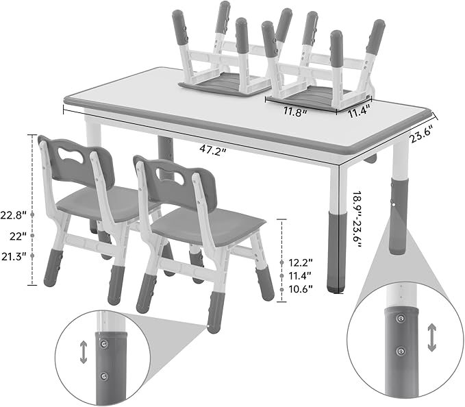 Kids Study Table and Chairs Set, Height Adjustable Toddler Table and Chair Set for Kids Ages 3-8, Graffiti Desktop (Grey)