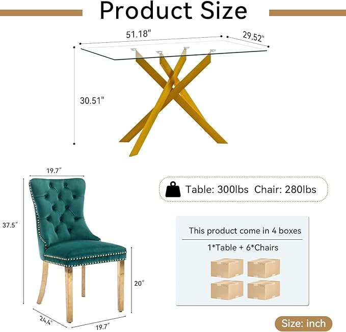 Goujxcy Glass Dining Table Set for 6, Modern Kitchen Table and Chairs Set of 6, 7-Piece Kitchen Dining Room Table Set w/51 Glass Gold Dining Table and 6 Green Velvet Upholstered Chairs