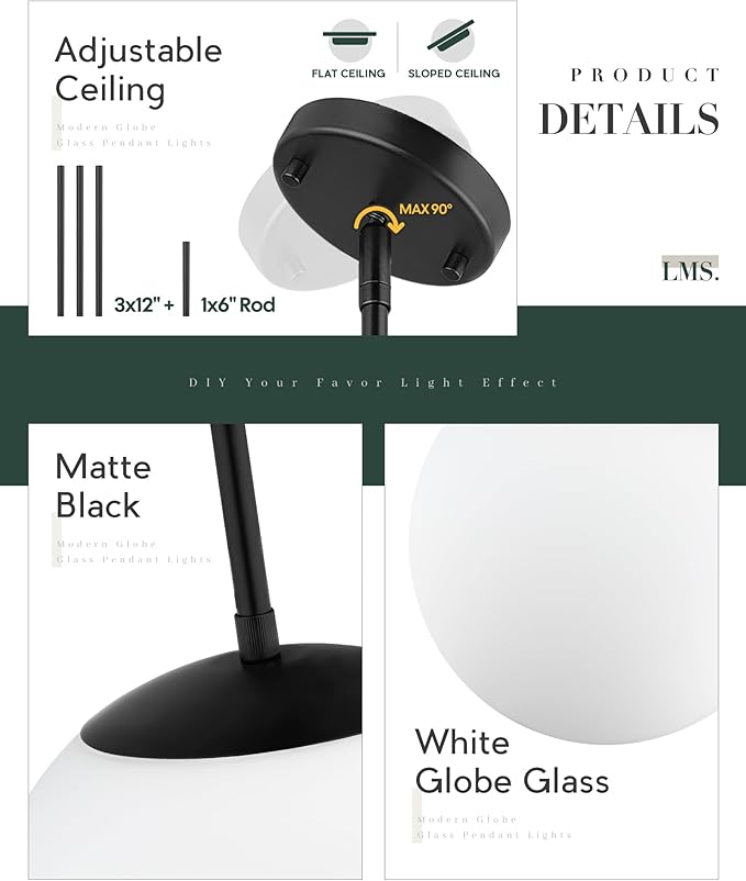 LMS 10 Inch Globe Pendant Lights, Matte Black Mid Century Kitchen Island Light Fixtures with White Globe Glass Shade, Adjustable Hanging Rod, Bar Kitchen Bedroom, LMS-186PL-BKW-10