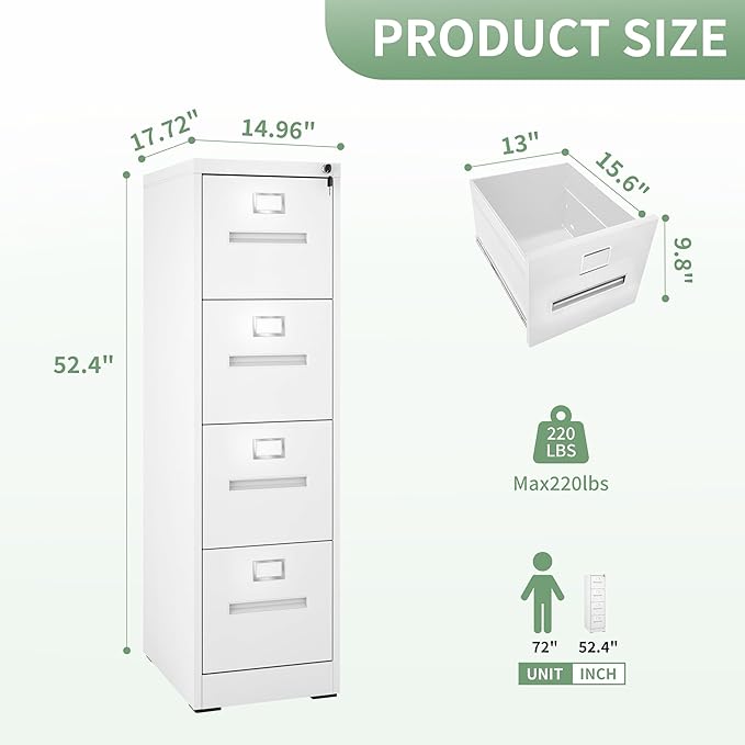 AQY 4 Drawer File Cabinet with Lock,Filing Cabinets for Home Office,Metal File Cabinet 18" Deep Vertical Storage Drawer for Hanging A4/F4/Letter/Legal Size Files, Assembly Require