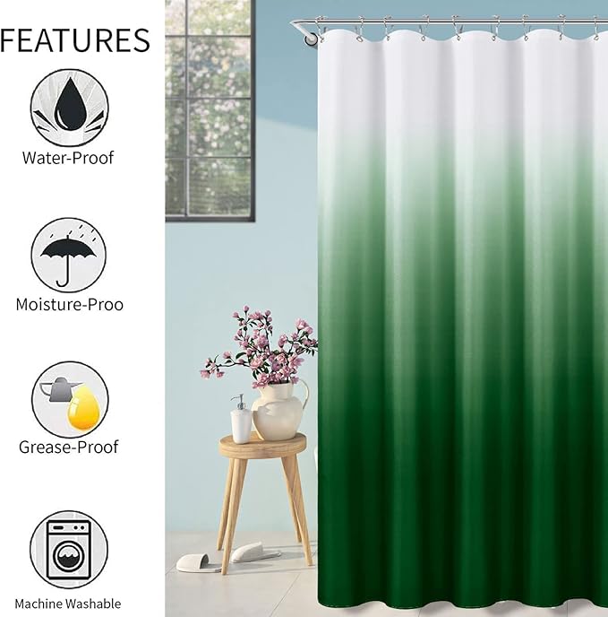 Green Shower Curtains for Bathroom, Ombre Textured Fabric Shower Curtain Set, Hotel Spa Luxury with 12 Hooks, Machine Washable, Decorative Bathroom Curtain Green72 x 72