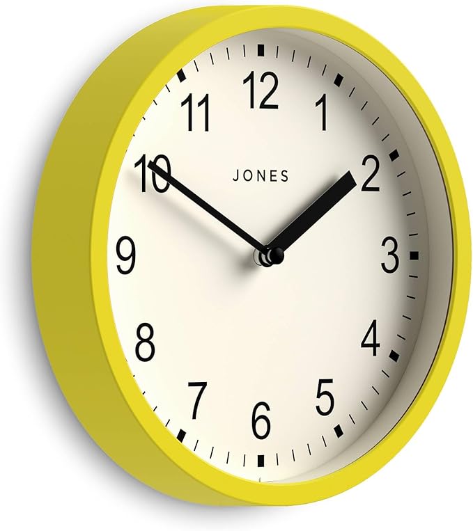 JONES CLOCKS® Spin Wall Clock | Small Modern Round Clock | 8inch | Yellow | Easy to Read Numbers | Ideal for Kitchen, Office, Children’s Room or Any Small Space