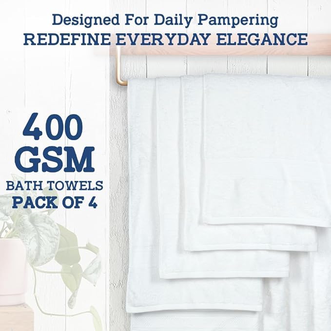 Casa Lino White Bath Towels Set of 4 (54" x 27") - Large Bathroom Towel Set - 100% Cotton Towels for Bathroom - Highly Absorbent & Quick Dry Bath Towel Multipack - New Apartment Essentials