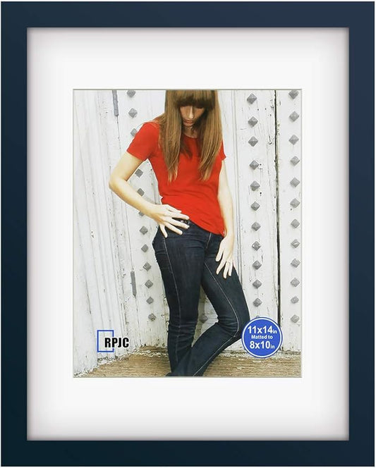 RPJC 11x14 inch Picture Frame Made of Solid Wood and High Definition Glass Display Pictures 8x10 with Mat or 11x14 Without Mat for Wall Mounting Photo Frame Jazz Blue