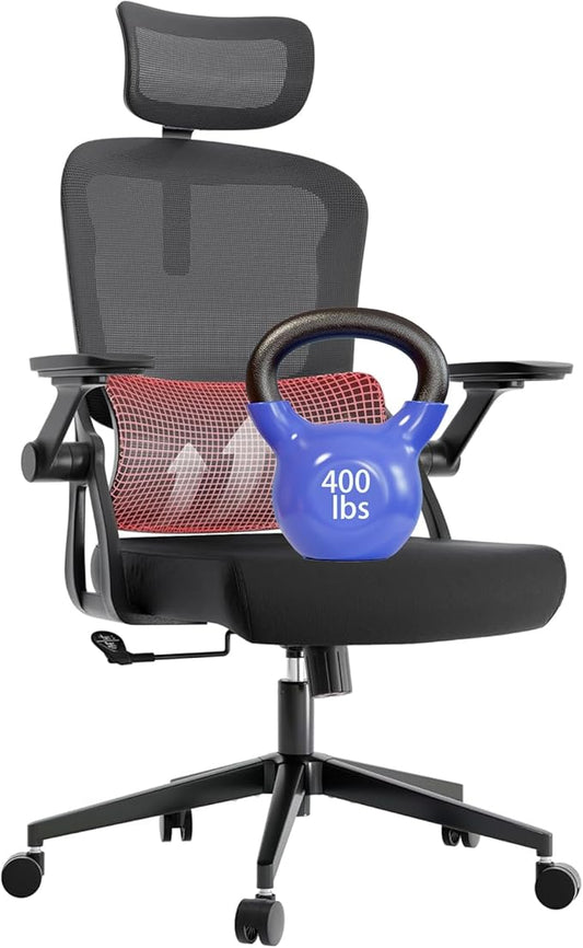 Big and Tall Ergonomic Office Chair - 400LB Comfy Desk Chairs with Headrest and Lumbar Back Support, Heavy Duty Mesh Computer Chair with Wheels and Arms for Home Office, Bedroom, Study Room