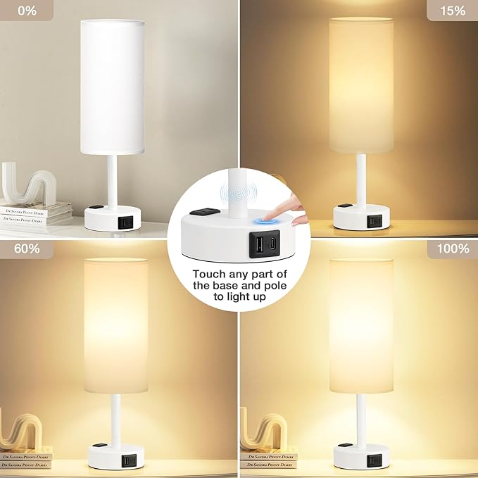 Matte White Bedside Table Lamp for Bedroom - 3 Way Dimmable Touch Lamp USB C Charging Ports and AC Outlet, Small Lamp Round Flaxen Fabric Shade for Living Room, Desk, LED Bulb Included