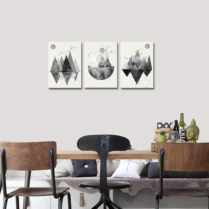 Black and white Abstract canvas Wall Art for living room Canvas Prints Artwork bathroom Wall Decor Abstract Mountain geometric Watercolor painting 3 Pieces Framed bedroom wall decorations Home Decor