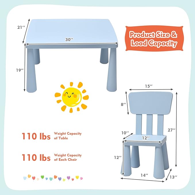 LDAILY Kids Table and Chairs, 3-Piece Children Arts Nursery Furniture for Drawing, Reading, and Painting, Light Weight Plastic Activity Kids Desk and Chair Set for Playroom, Kindergarten (Blue)