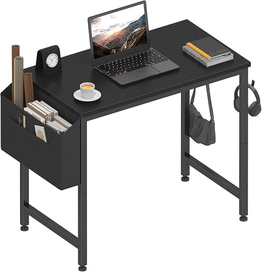 Lufeiya Small Desk for Small Spaces, 32 Inch Kids Girls Study Writing Desks for Bedroom, Simple Modern Laptop PC Little Side Table with Storage Bag Headphone Hooks, Black