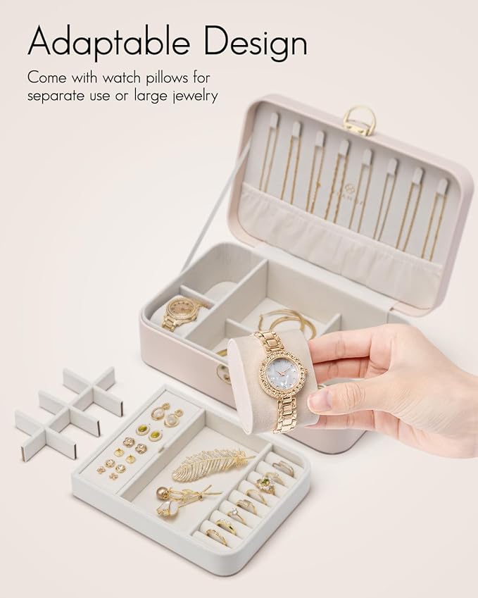 Vlando 2 Layer Jewelry Box,Jewelry Organizer Storage Lockable Earring Organizer Removable Jewelry Tray with Watch Pillow for Neckable Ring Bracelets-Apricot Pink