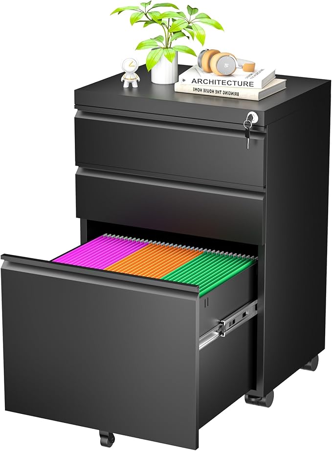 Greenvelly 3 Drawer Mobile File Cabinet with Lock, Fully Assembled Rolling File Cabinet Except Casters, Under Desk File Cabinet with Wheels for Home Office Fit Legal/Letter/A4 File (Assembled, Black)