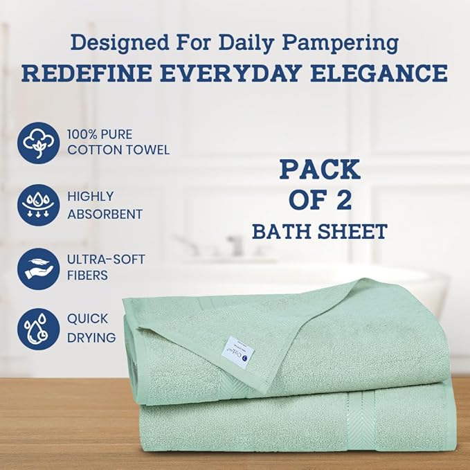 Casa Lino Bath Sheets Set Extra Large - 100% Cotton Extra Large Bath Towels - Highly Absorbent & Quick Dry Oversized Towels for Adults - 60" x 30" - Pack of 2 - (Light Sage Green)