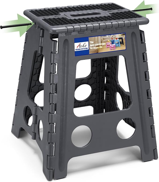 ACKO Folding Step Stool Foldable 16 Inch Stools for Adults and Kids, Plastic Stools Tall 400 lbs Capacity, Collapsible Stool for Kitchen, Stepping Foot Stool with Handle, Dot Grey, 1 PC
