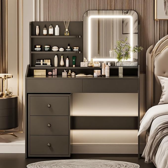 Makeup Vanity Desk with LED Mirror & Movable Storage Cabinet, 3-Tier Open Shelves, 5 Drawers, Adjustable 3-Color Lighting for Bedroom