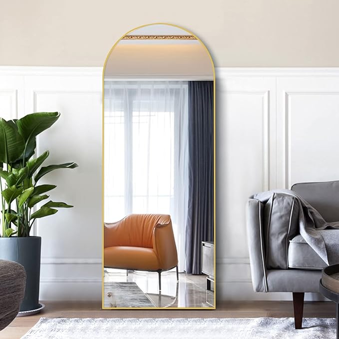 OGCAU Floor Mirror with Aluminum Alloy Frame, Full Length Standing Hanging or Leaning Against Wall, Body Mirror for Floor & Wall in Bedroom, Arched-Top, Wall-Mounted (Gold)