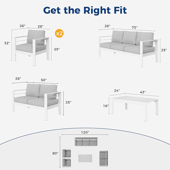 Wisteria Lane Aluminum Outdoor Patio Furniture Set, 7 Seats Modern Patio Conversation Sets, Outdoor Sectional Metal Sofa with 5 Inch Cushion and Coffee Table for Balcony, Garden, Light Grey