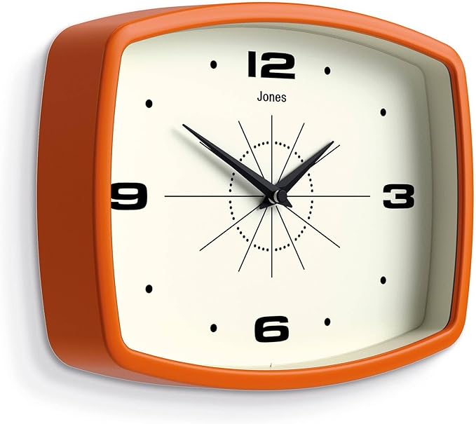 JONES CLOCKS® Movie Wall Clock | Rectangular Retro Clock | 10 inch | Orange | Cool mid-Century Designer Look for Kitchen, Living Room or Office