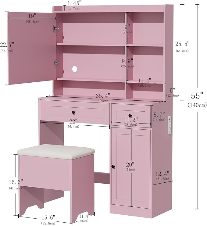 Vanity Table with Hidden Storage & LED Mirror - Includes Padded Stool, 5 Compartments, 2 Drawers & 1 Storage Cabinet - Ideal Bedroom Makeup Dressing Table Pink