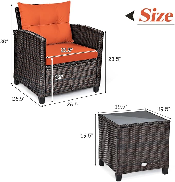 Tangkula 3 Pieces Patio Furniture Set, PE Rattan Wicker 3 Pcs Outdoor Sofa Set w/Washable Cushion and Tempered Glass Tabletop, Conversation Furniture for Garden Poolside Balcony (Orange)