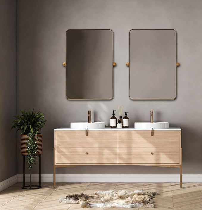 ANDY STAR 20"x30" Brushed Gold Pivot Mirror for Bathroom, Brass Metal Frame Bathroom Mirrors for Wall，Rectangle Titling Vanity Wall Mirror with Rounded Corner Design Hangs Vertically Only