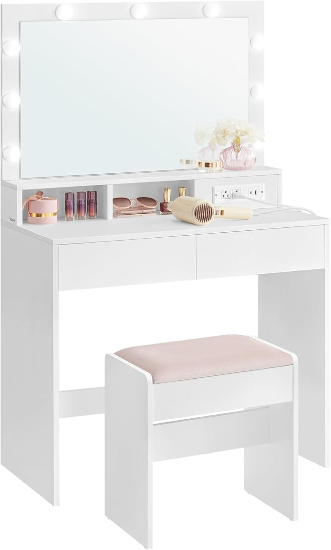 VASAGLE Vanity Desk with Power Outlets, Makeup Vanity with Mirror and Lights, with Upholstered Vanity Stool, 9 Dimmable LED Lights, 2 Compartments, 2 Drawers, for Bedroom, Cloud White URDT029W01
