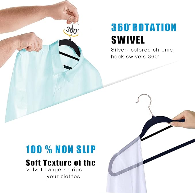 Premium Velvet Hangers, [50 Pack] Non Slip and Heavy Duty Velvet Suit Hangers (45cm) with Tie Bar, 360° Swivel Hooks, Sturdy to Hold Jumper, Pullovers, Jackets & Hoodies (50 Pack, Black)