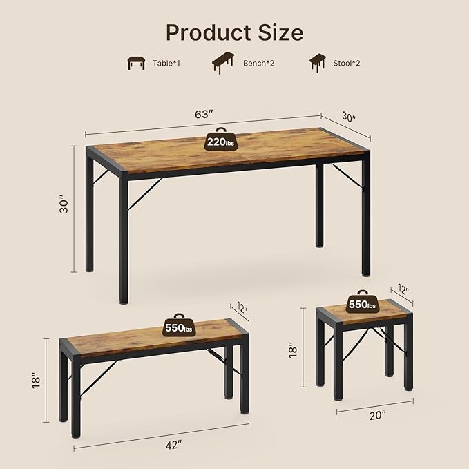 Gizoon 63" Dining Room Table Set for 6, Kitchen Table with 2 Benches and 2 Stools, Dining Table Set with Metal Frame, Space-Saving Kitchen Table Set for Apartment, Retro