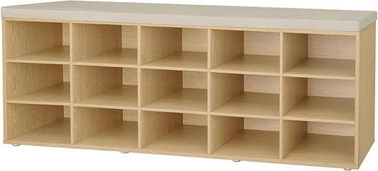 DINZI LVJ Shoe Storage Bench with Cushion, 15-Cubby Shoe Rack, Adjustable Shelves, Long Shoe Organizer Bench for Entryway, Mudroom, Hallway, Living Room, Bedroom and Garage, Natural
