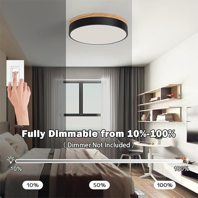 Dimmable Modern Wood Ceiling Light, Black LED 5CCT 2700K-6000K Flush Mount Ceiling Lighting Fixture, Round Light Fixtures for Kitchen Entryway Hallway Bedroom Laundry Room-11.8in